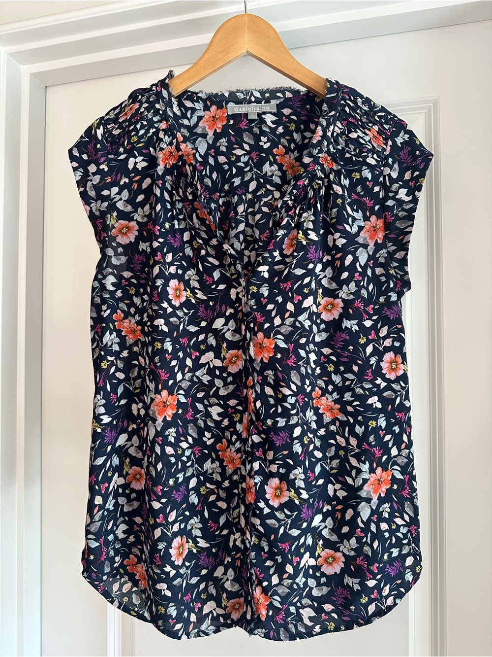 Daniel Rainn Navy Floral Cap-Sleeve Blouse